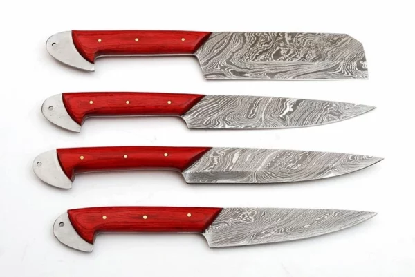 Set of 4 Custom Hand Made Damascus Steel Chef Knife with Red Colored Wood Handle CK 4 5