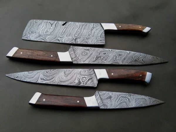 Set of 4 Custom Handmade Damascus Steel Hunting Chef Knife with Rose Wood Handle CK 3 1