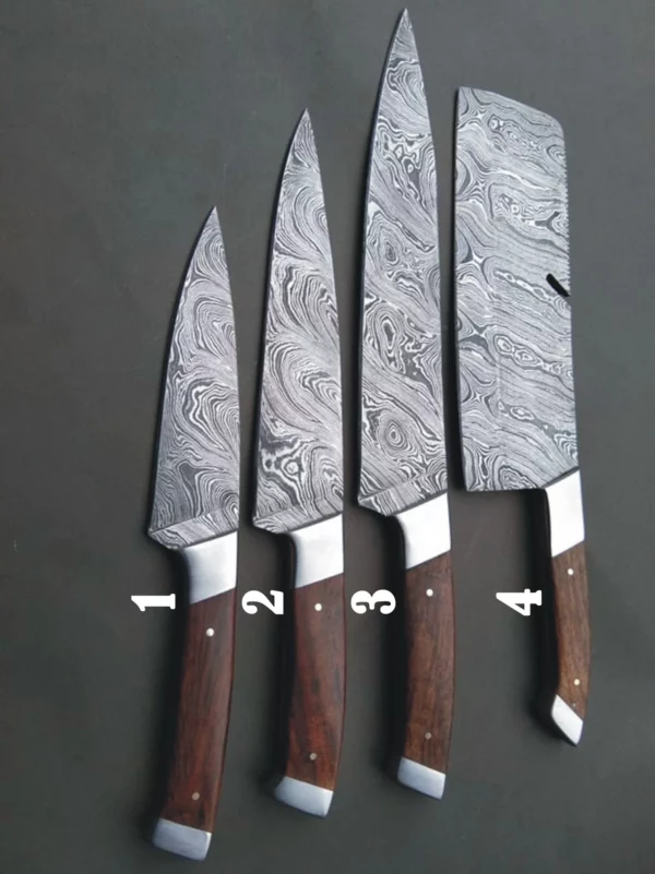 Set of 4 Custom Handmade Damascus Steel Hunting Chef Knife with Rose Wood Handle CK 3 2