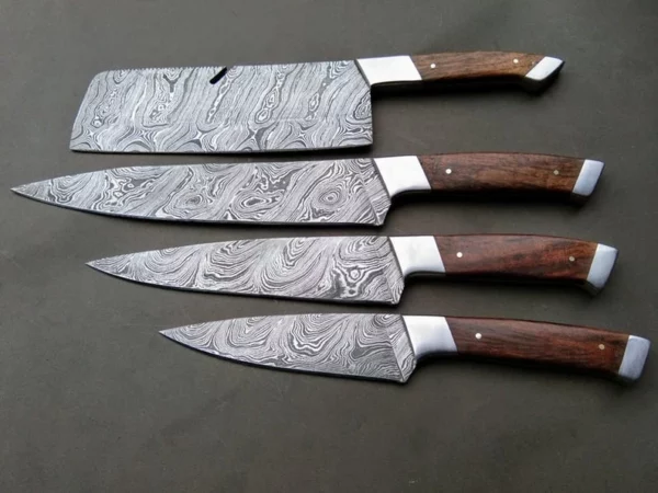 Set of 4 Custom Handmade Damascus Steel Hunting Chef Knife with Rose Wood Handle CK 3 3
