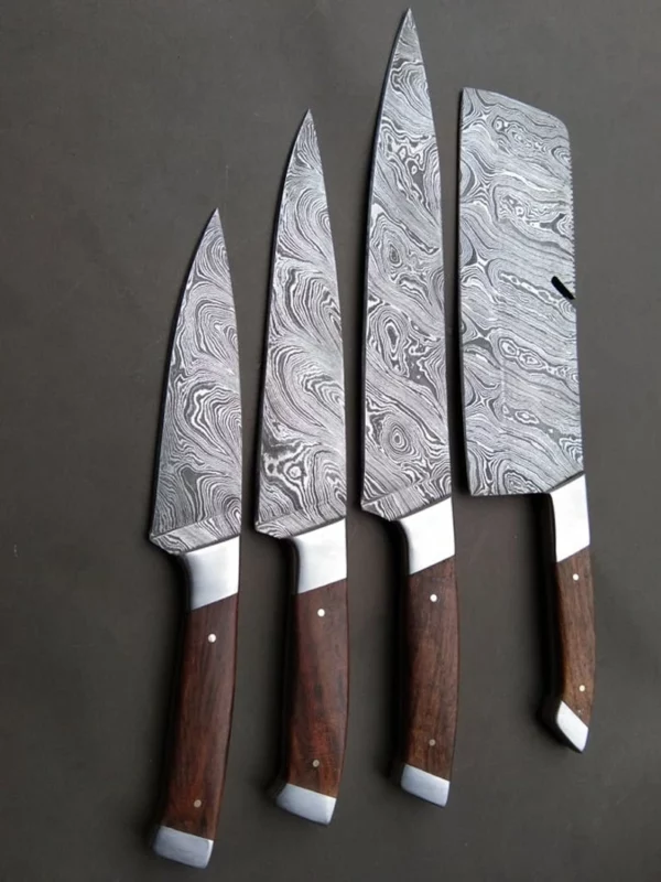 Set of 4 Custom Handmade Damascus Steel Hunting Chef Knife with Rose Wood Handle CK 3 4