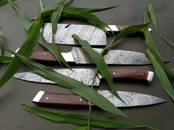 Set of 4 Custom Handmade Damascus Steel Hunting Chef Knife with Rose Wood Handle CK 3 5