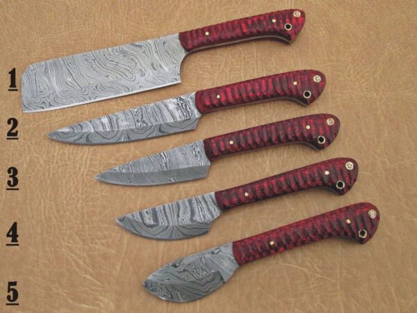 Set of 5 Custom Hand Made Damascus Steel Chef Knife with Red Colored Wood Handle CK 2 1