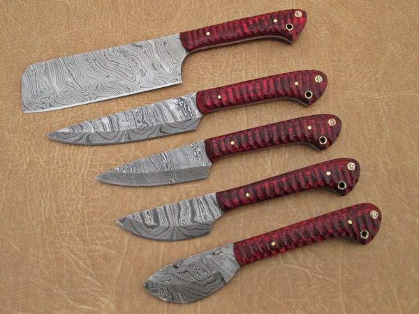 Set of 5 Custom Hand Made Damascus Steel Chef Knife with Red Colored Wood Handle CK 2 3