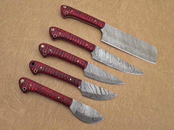 Set of 5 Custom Hand Made Damascus Steel Chef Knife with Red Colored Wood Handle CK 2 4