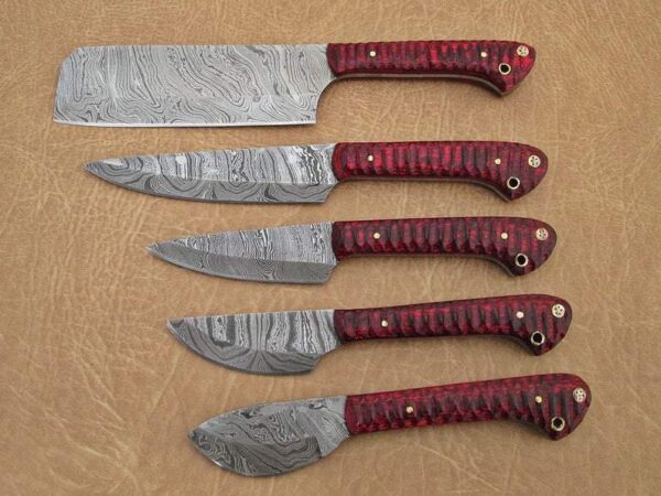 Set of 5 Custom Hand Made Damascus Steel Chef Knife with Red Colored Wood Handle CK 2 5