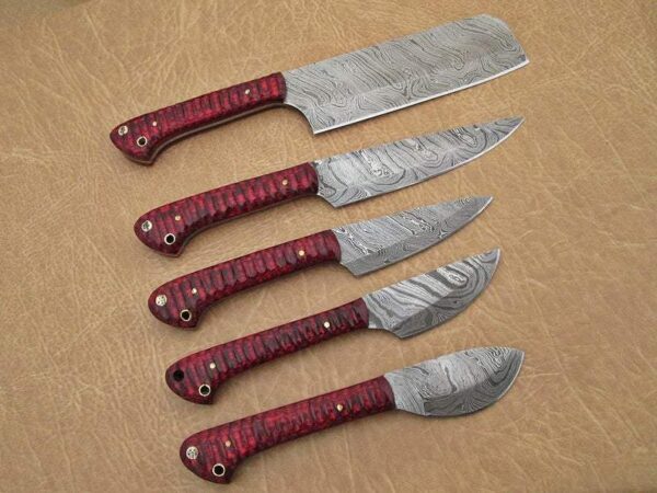 Set of 5 Custom Hand Made Damascus Steel Chef Knife with Red Colored Wood Handle CK 2 6