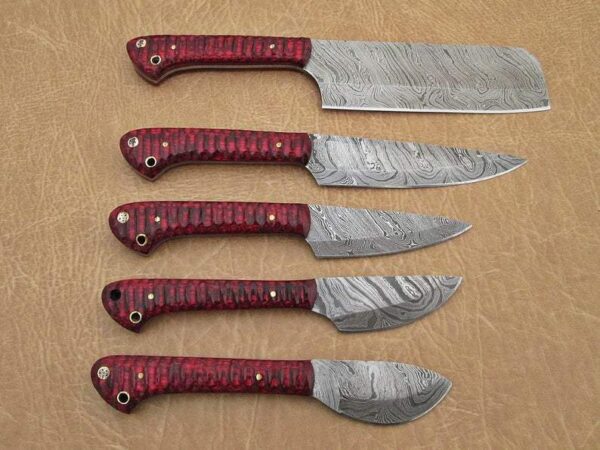 Set of 5 Custom Hand Made Damascus Steel Chef Knife with Red Colored Wood Handle CK 2 7