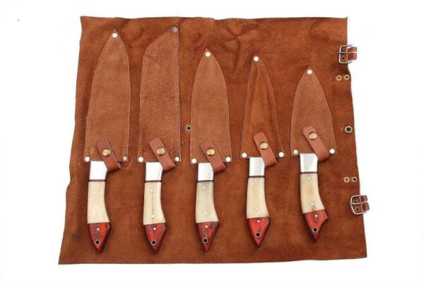 Set of 5 Custom Handmade Damascus Steel Chef Knife with Bone Wood Handle CK 6 3