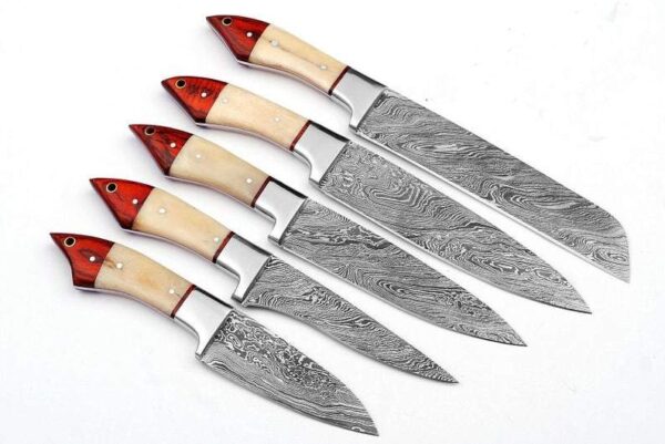 Set of 5 Custom Handmade Damascus Steel Chef Knife with Bone Wood Handle CK 6 4