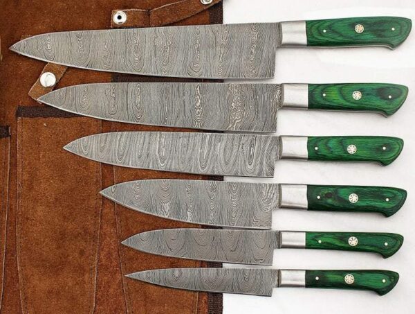 Set of 6 Custom Hand Made Damascus Steel Chef Knifes with Colored Wooden Handle CK 5 1