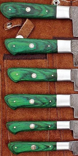 Set of 6 Custom Hand Made Damascus Steel Chef Knifes with Colored Wooden Handle CK 5 4