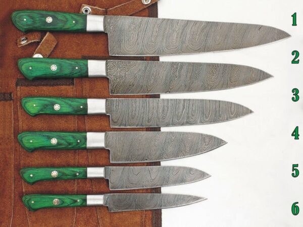 Set of 6 Custom Hand Made Damascus Steel Chef Knifes with Colored Wooden Handle CK 5 6