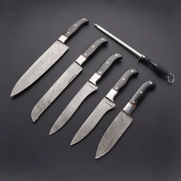 Set of 6 Custom Handmade Damascus Steel Chef Knife Set with Bull Horn Handle CK 1 2