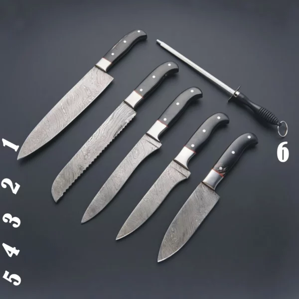 Set of 6 Custom Handmade Damascus Steel Chef Knife Set with Bull Horn Handle CK 1 5